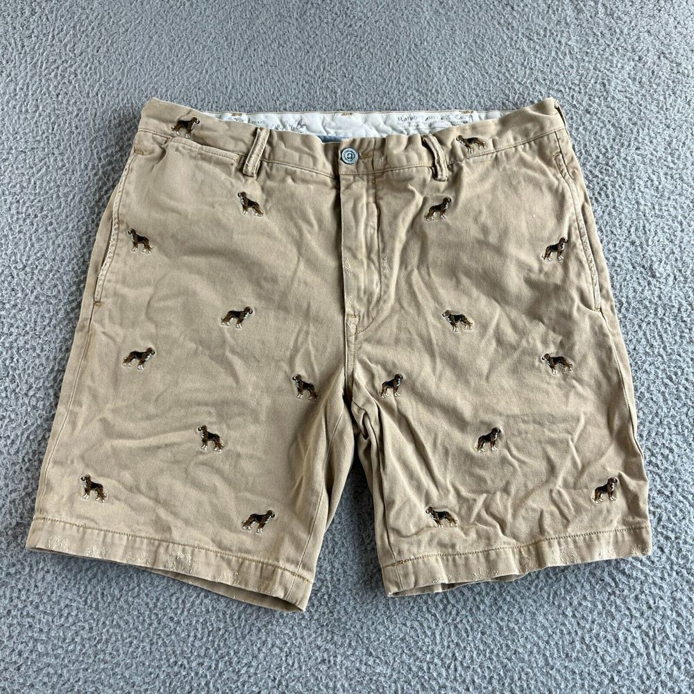 Ralph Lauren Polo Shorts Mens 35 Beige Chino Embroidered Distressed Dogs Golf